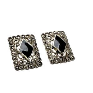 Earrings Silver Tone Filigree Faux Marcasite Black Stone Pierced Art Deco Style